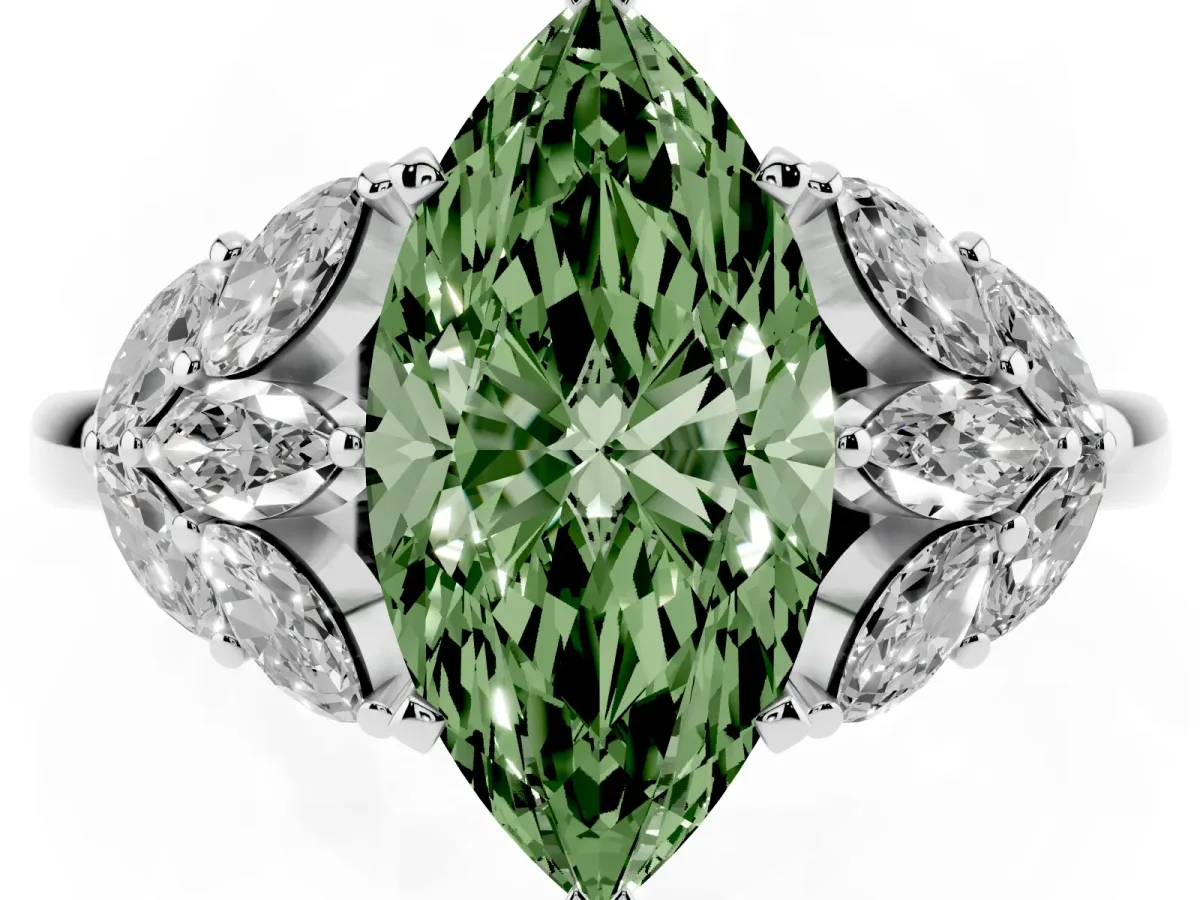 Fancy Green Marquise Cut Diamond Cluster Leaf Design Ring with Prong Setting Silver