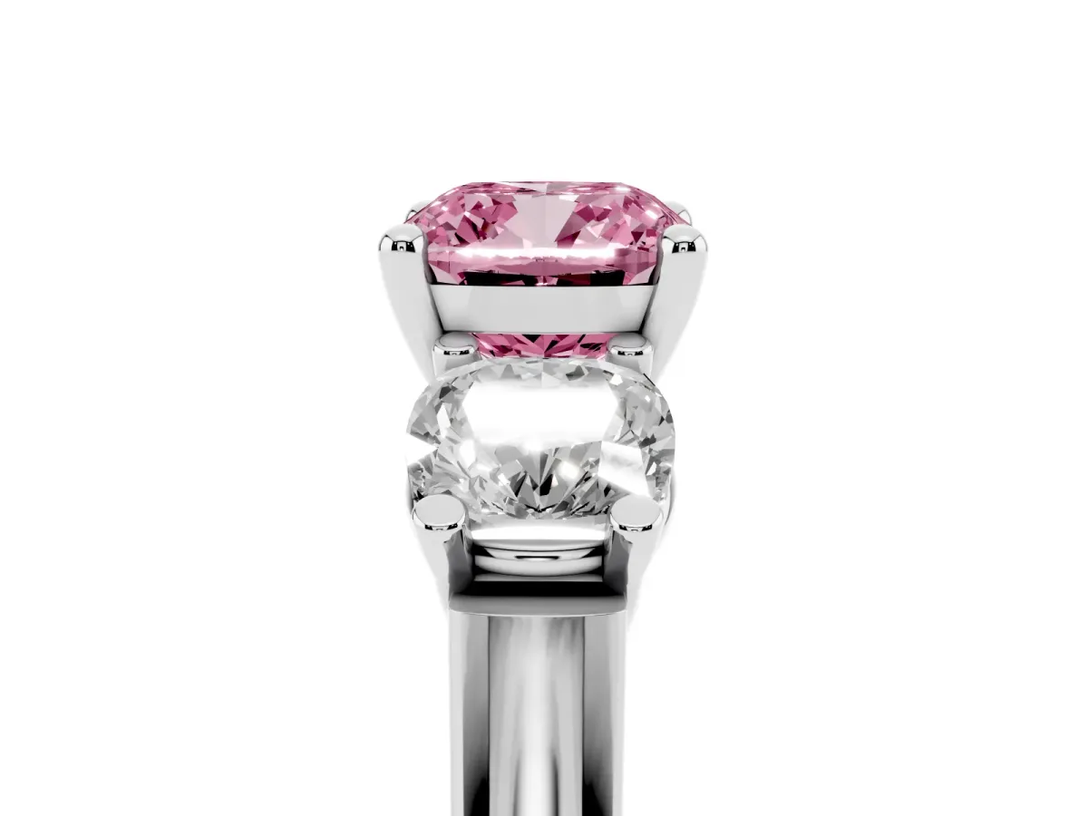 Fancy Pink Three-Stone Cushion Cut Brilliant Diamond Trellis Ring with Comfort Fit Band Platinum