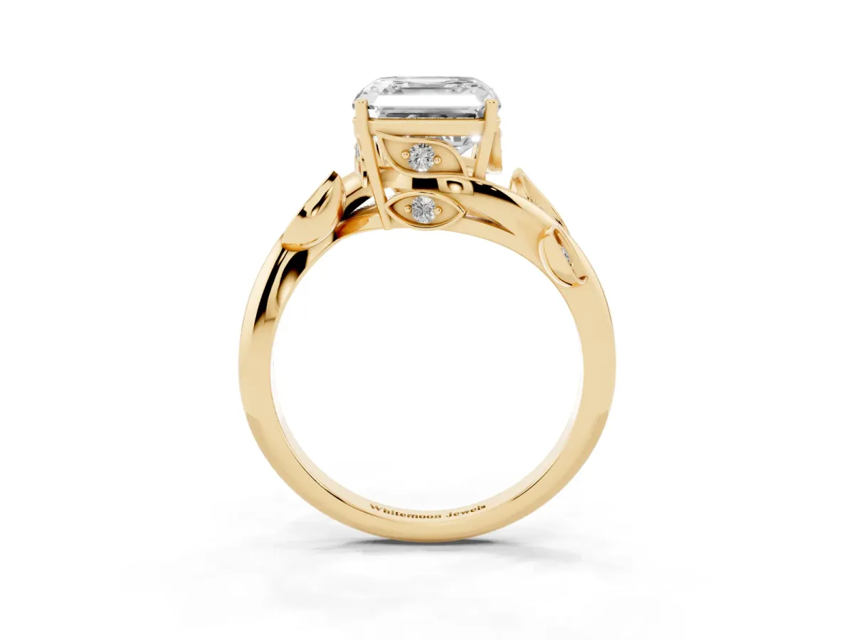 Asscher Cut Solitaire Twist Engagement Ring with Leaf Accents and Prong Setting Yellow gold
