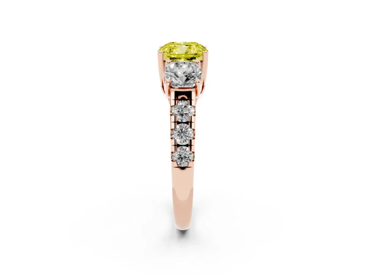 Fancy Yellow Three-Stone Cushion Cut Diamond Pavé Band with Prong Setting Rose gold