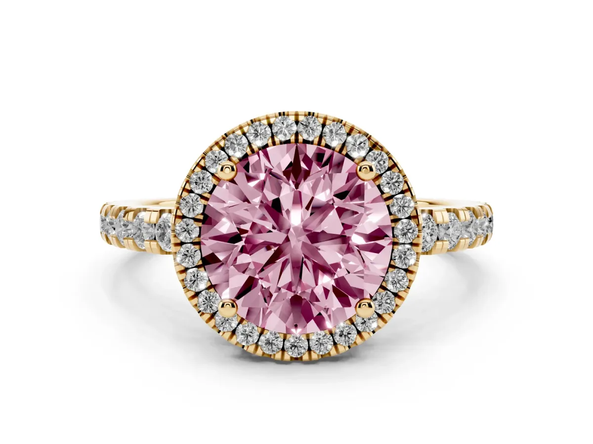 Fancy Pink Round Cut Diamond Halo Ring with Pavé Band and Four-Prong Setting Yellow gold
