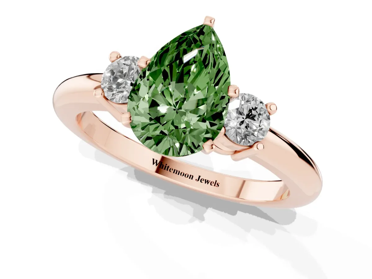 Fancy Green Three-Stone Pear Cut Cut Diamond Solitaire with Prong Setting and Classic Band Rose gold