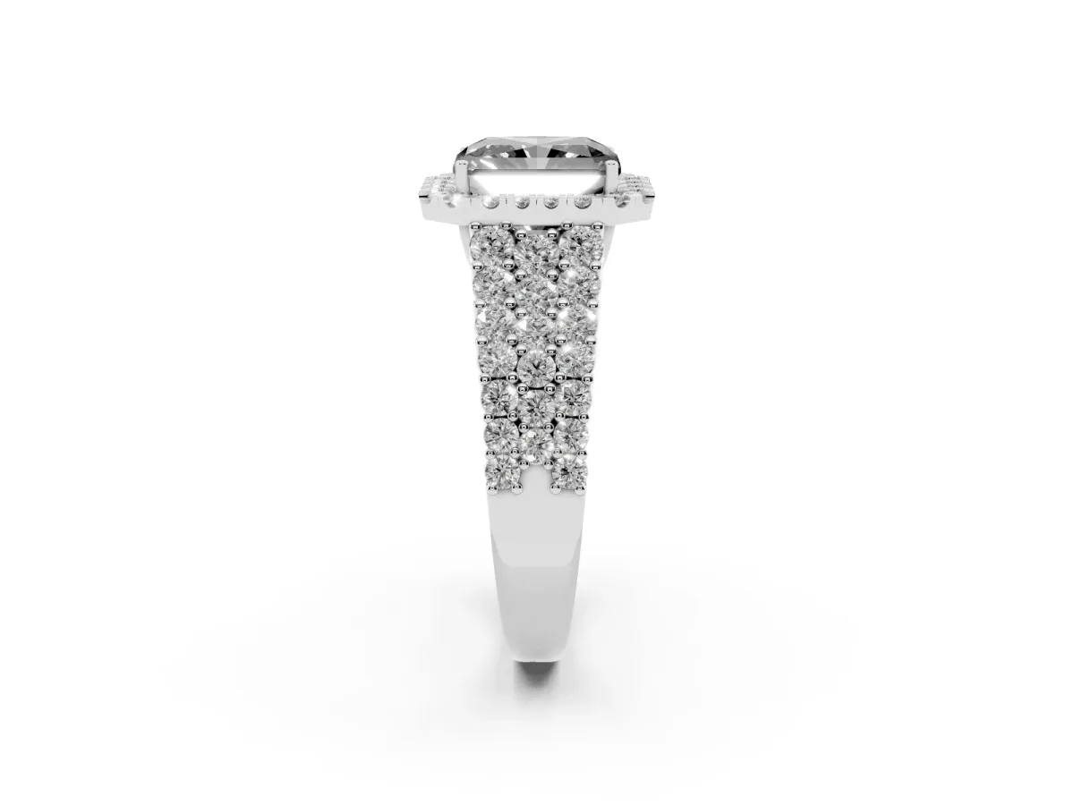 Fancy Black Radiant Cut Diamond Halo Engagement Ring with Triple Row Round Pavé Band and Prong Setting Platinum