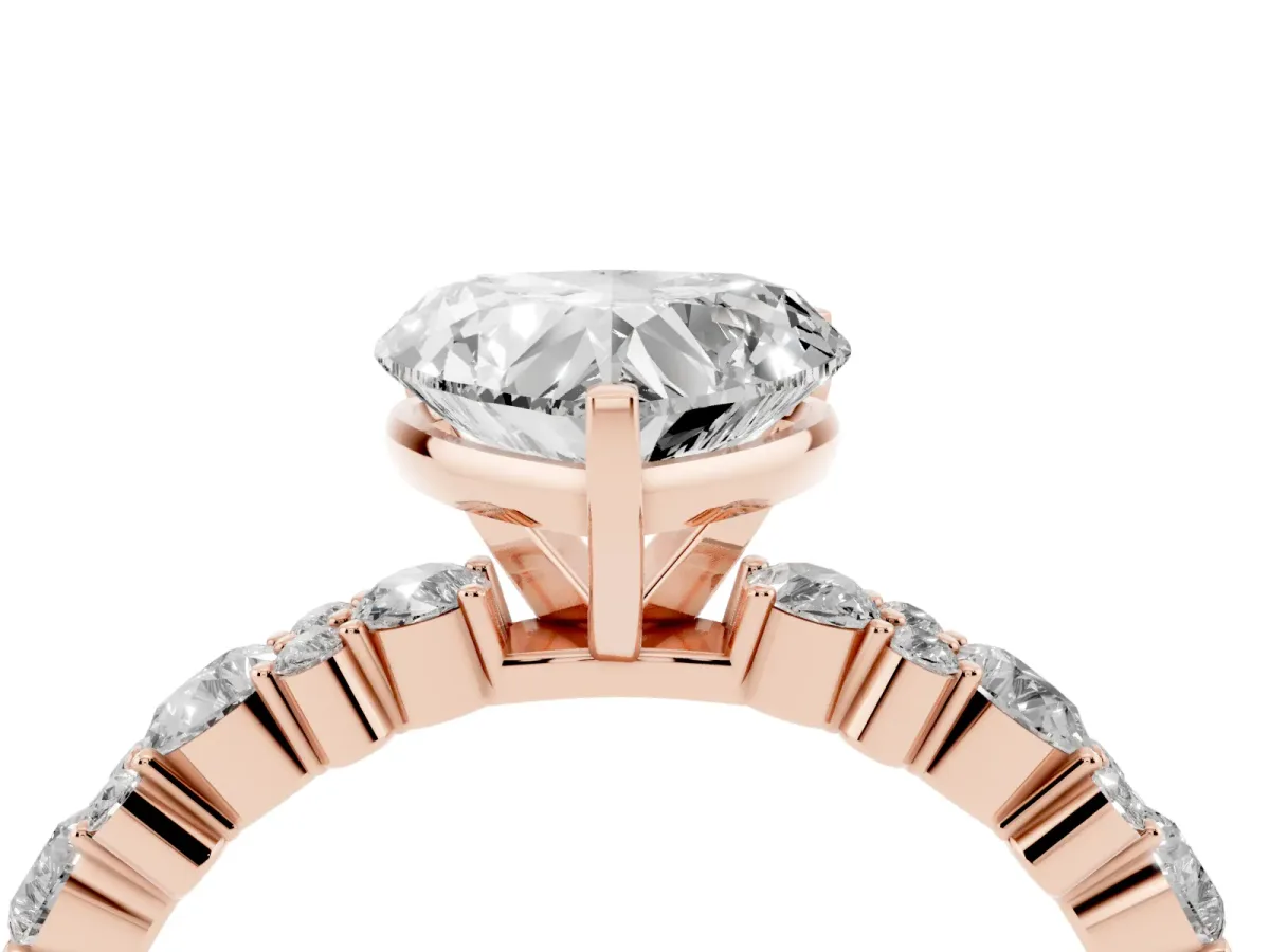 Heart Cut Diamond Side Stone Solitaire Ring with Round and Four-Prong Setting Rose gold