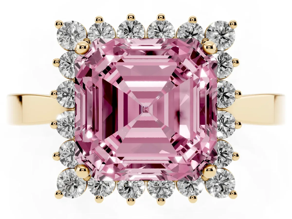 Fancy Pink Asscher Cut Cut Diamond Halo Ring with Round Brilliant Halo and Solitaire Band Yellow gold