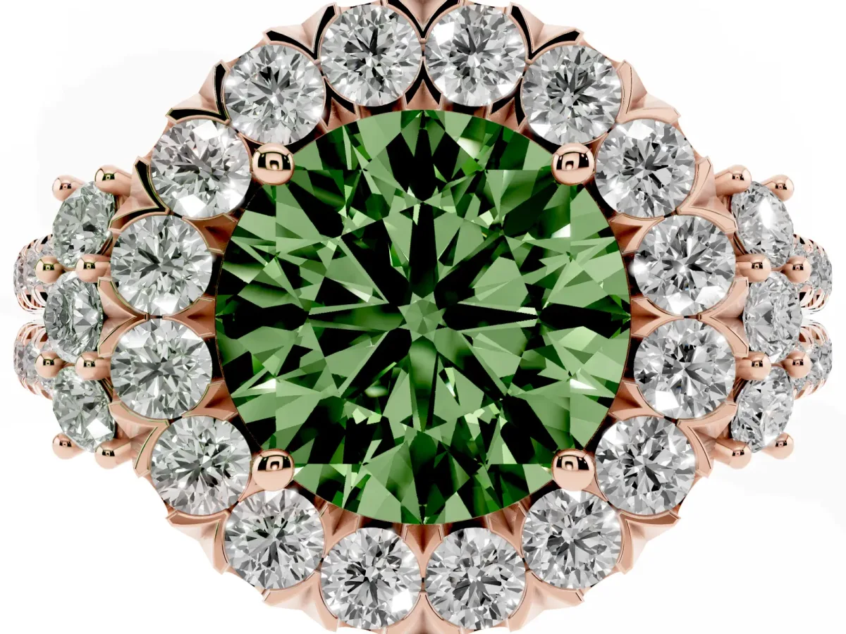 Fancy Green Round Cut Cut Double Halo Diamond Engagement Ring with Pave Band and Four-Prong Setting Rose gold