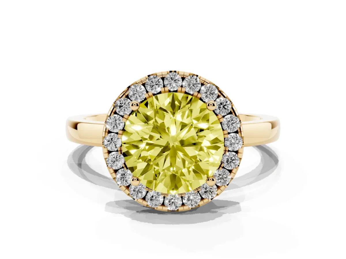 Fancy Yellow Round Cut Halo Diamond Solitaire with Pavé Band and Four-Prong Setting Yellow gold