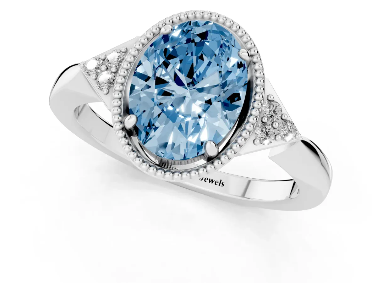 Fancy Blue Oval Cut Diamond Halo Ring with Tapered Band and Four-Prong Setting Platinum