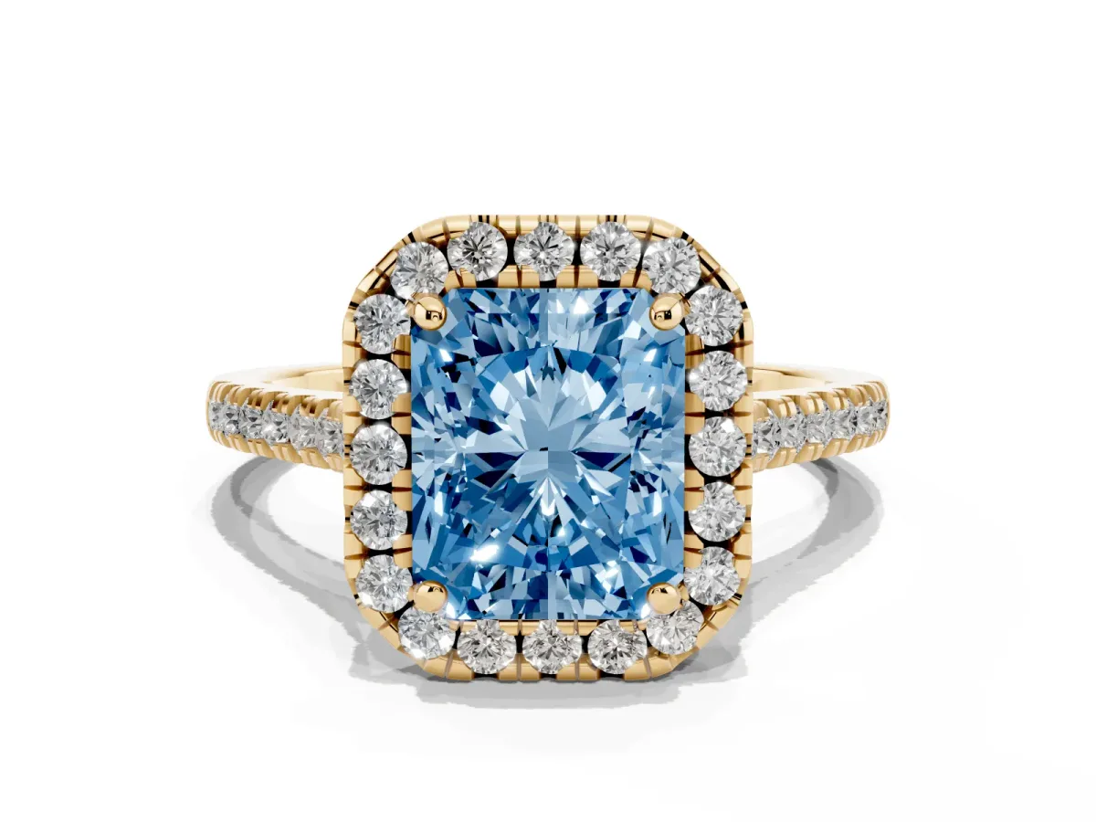 Fancy Blue Radiant Cut Diamond Cushion Halo Ring with Pavé Band Yellow gold