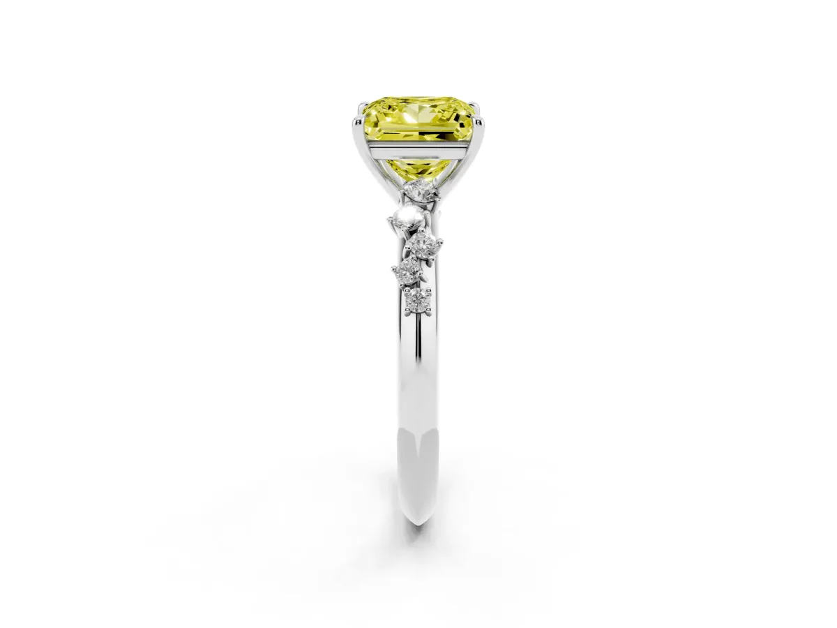 Fancy Yellow Princess Cut Diamond Cluster Side Stone Solitaire Ring with Prong Setting White gold