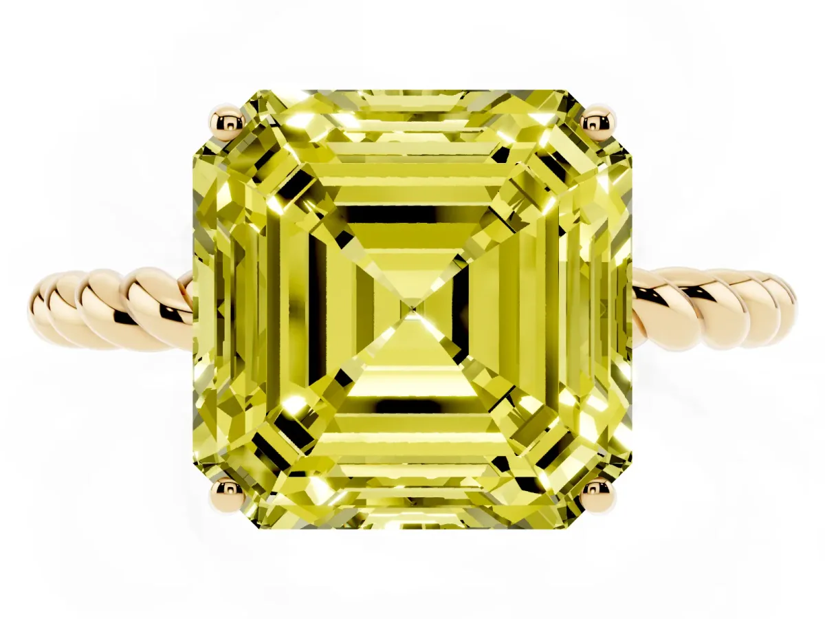Fancy Yellow Asscher Cut Solitaire Twist Band Ring with Four-Prong Setting Yellow gold