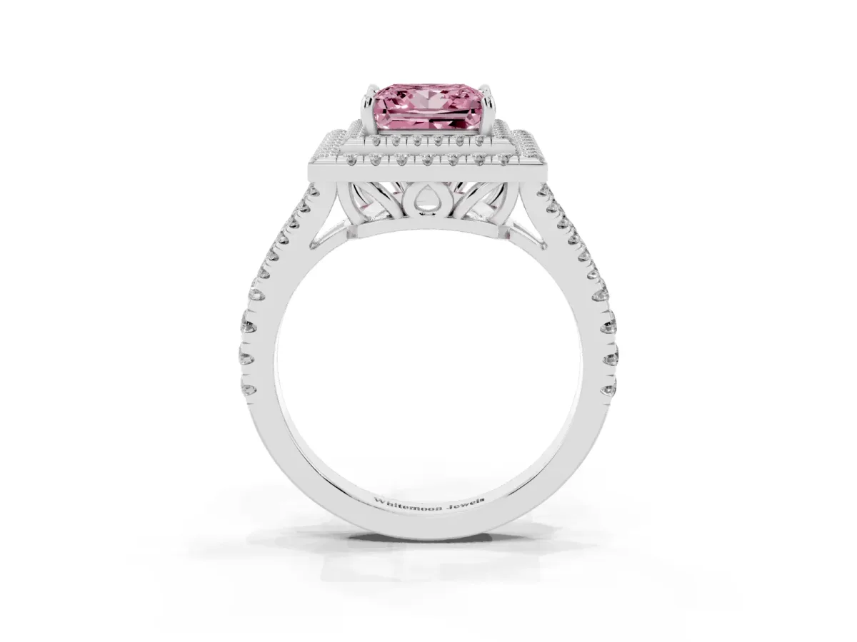 Fancy Pink Princess Cut Diamond Double Halo Ring with Pavé Band and Prong Setting Silver