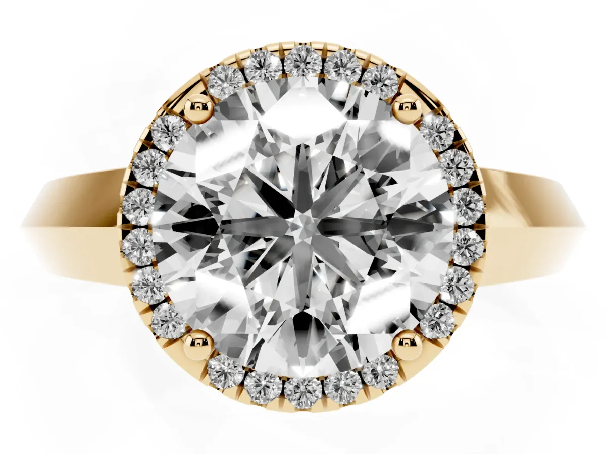 Round Cut Halo Diamond Ring with Cathedral Band and Four-Prong Setting Yellow gold