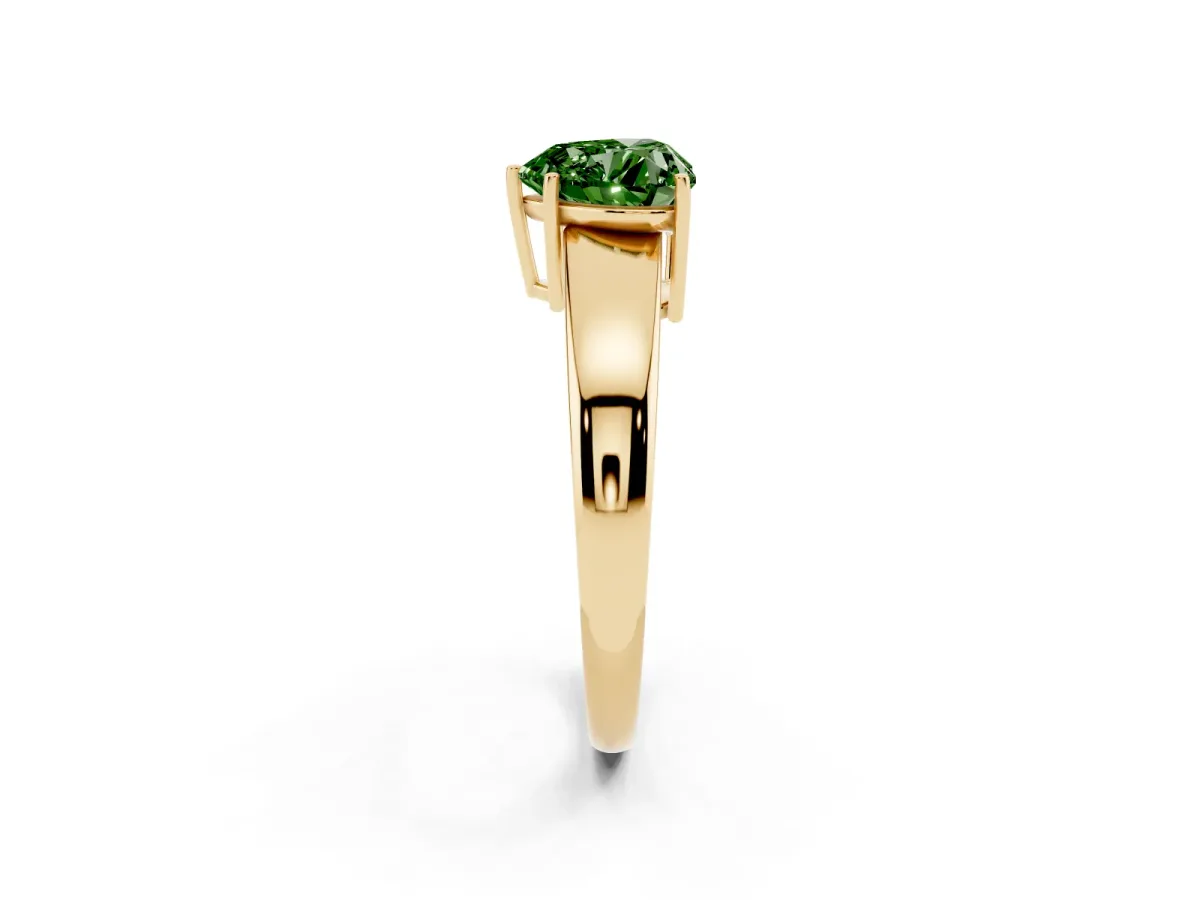 Fancy Green Heart Cut Solitaire Diamond Ring with Tapered Band and Four-Prong Setting Yellow gold