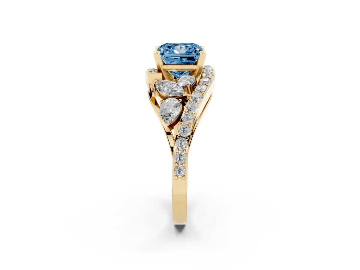 Fancy Blue Princess Cut Diamond Halo Ring with Marquise and Pavé Band in Prong Setting Yellow gold