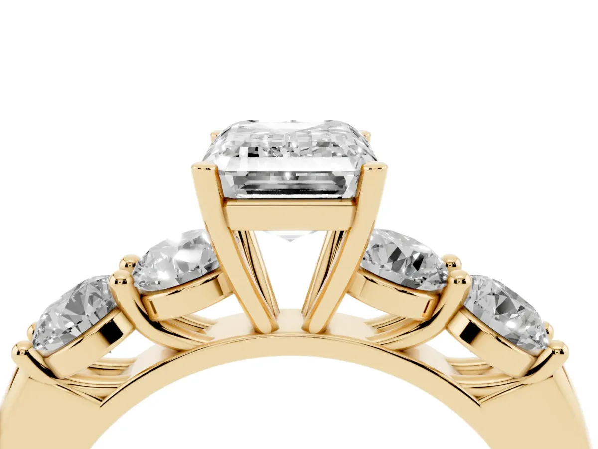 Emerald Cut Cut Five-Stone Prong Set Diamond Ring with Classic Band Yellow gold