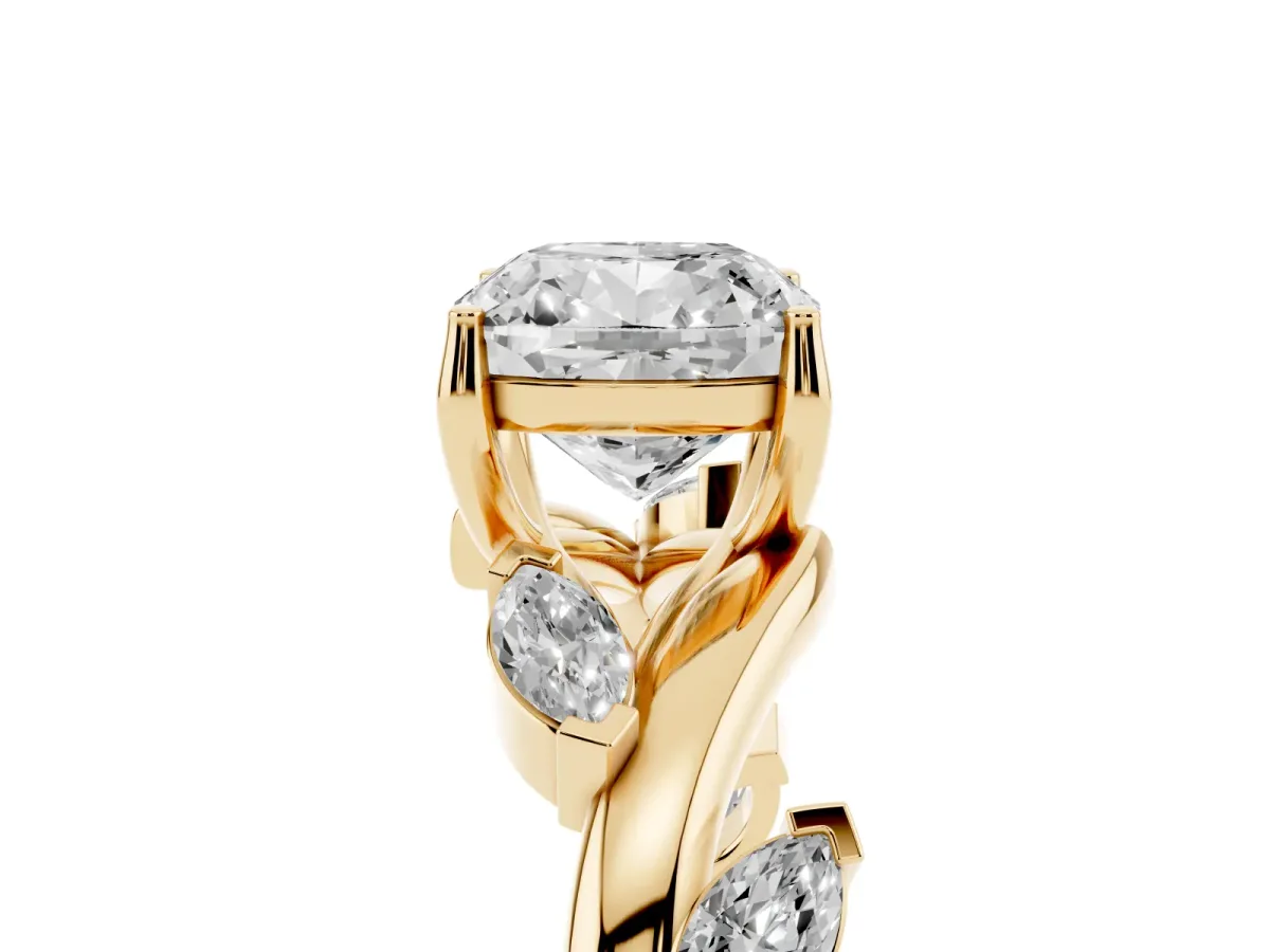 Cushion Cut Solitaire Twisted Band Marquise Accent Prong Setting Ring Yellow gold