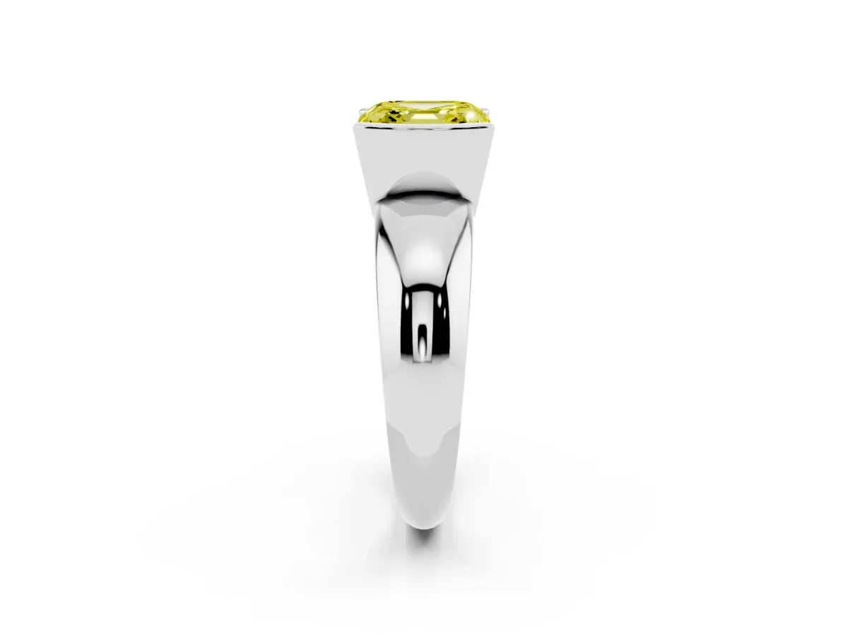 Fancy Yellow Asscher Cut Solitaire Tension Set Diamond Ring with Wide Band Silver