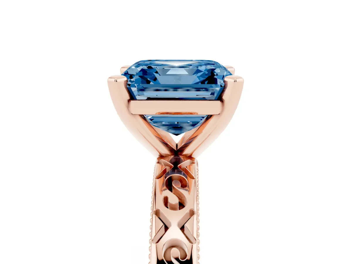 Fancy Blue Asscher Cut Solitaire Engagement Ring with Scrollwork Band and Four-Prong Setting Rose gold