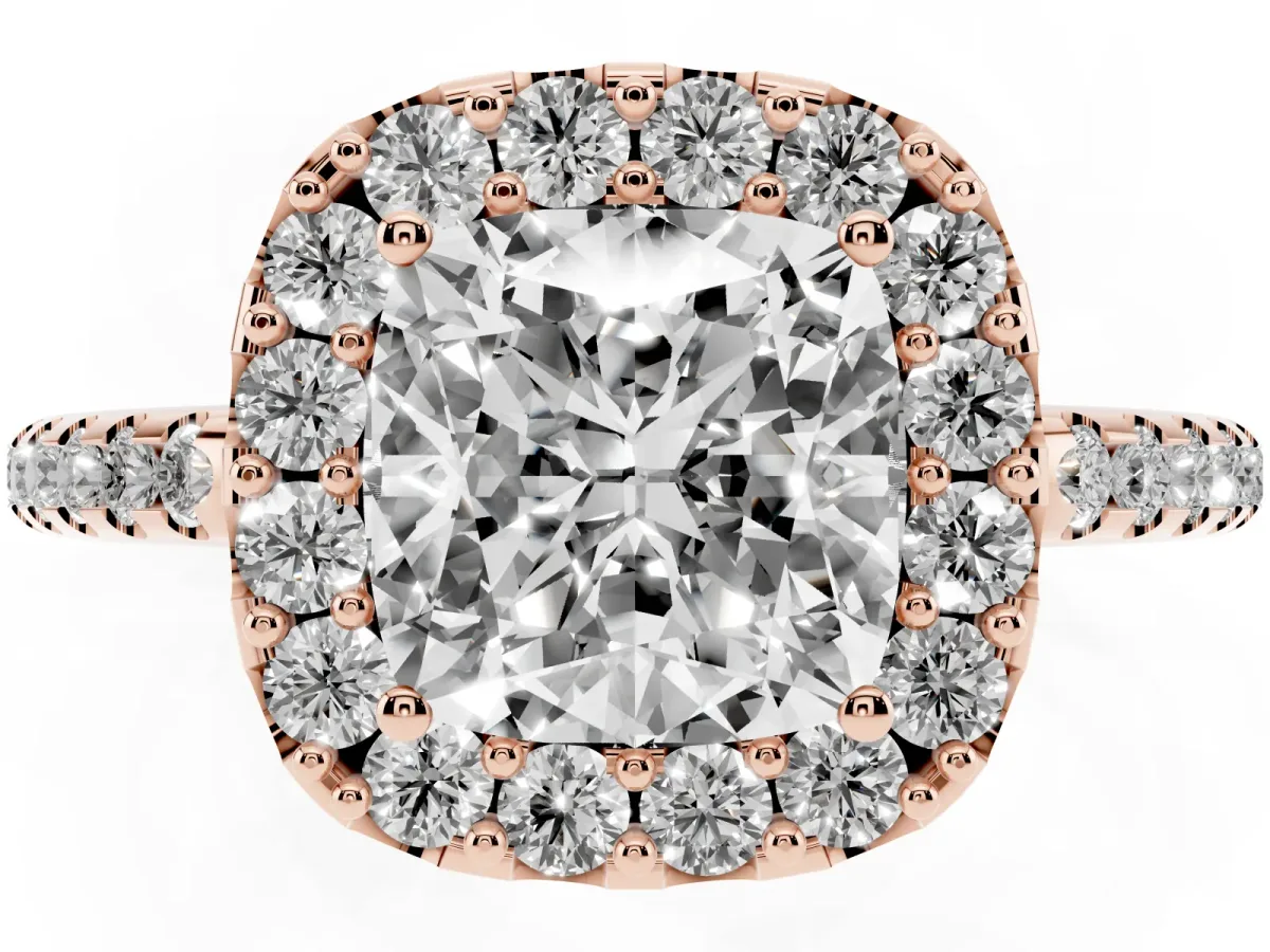 Cushion Cut Diamond Pavé Halo Ring with Four-Prong Setting Rose gold