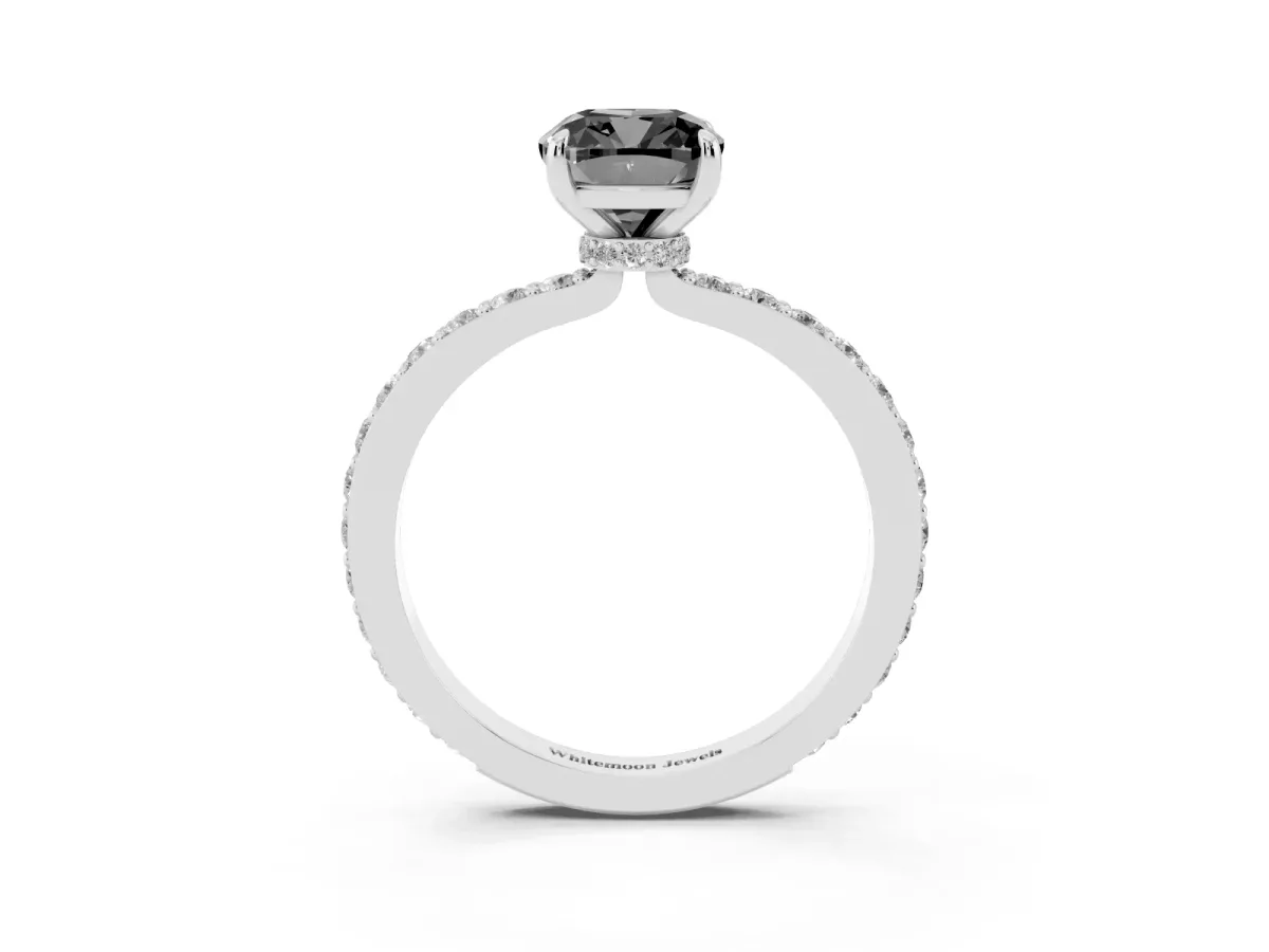 Fancy Black Cushion Cut Diamond Pavé Engagement Ring with Round Accents and Prong Setting Silver