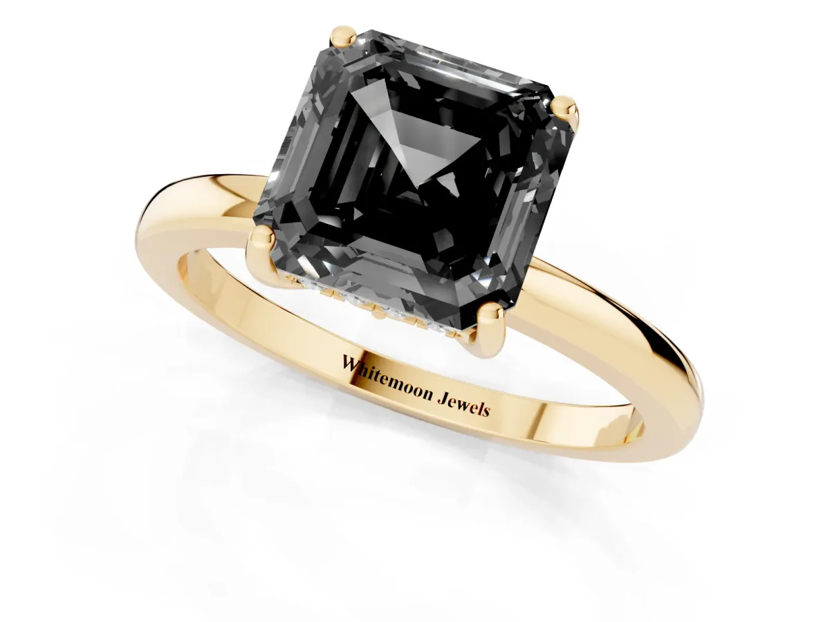 Fancy Black Asscher Cut Solitaire Diamond Ring with Prong Setting and Plain Band Yellow gold