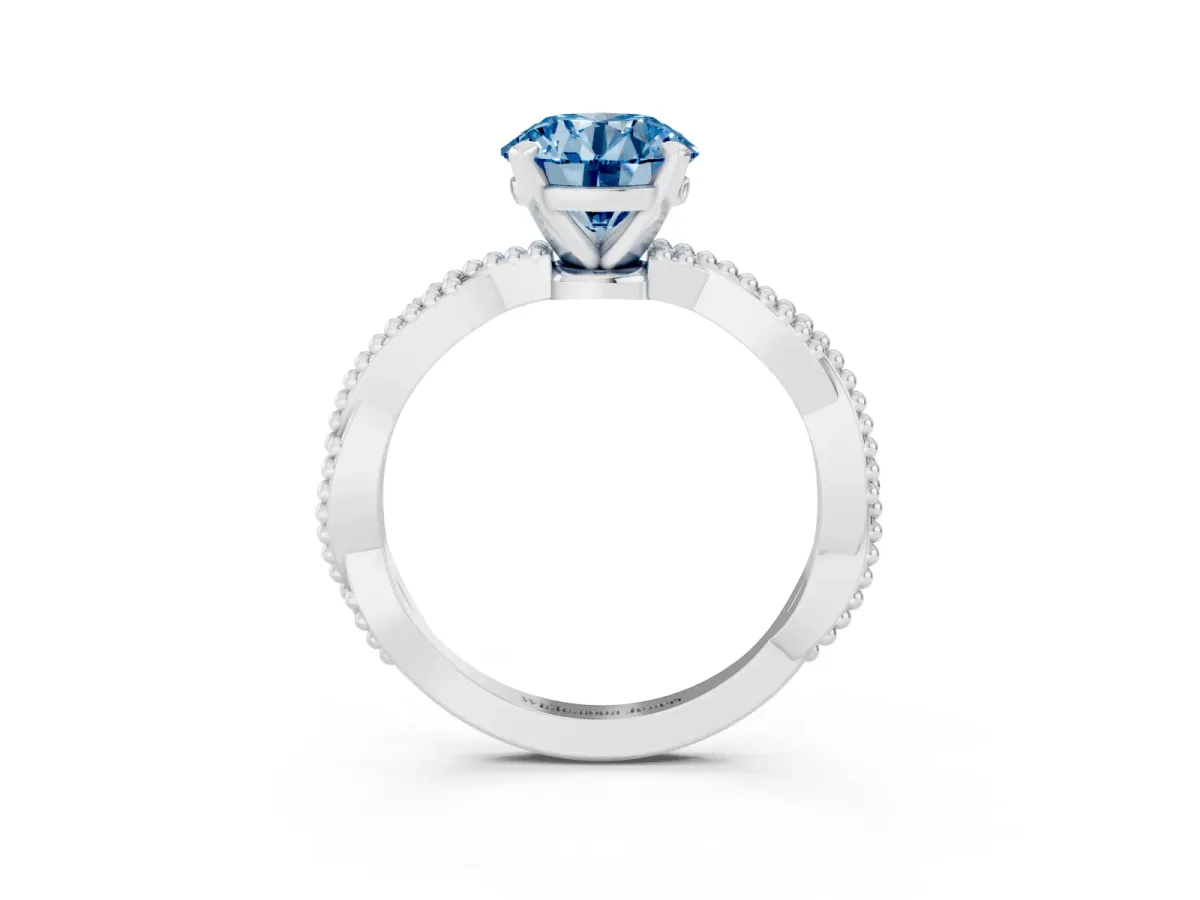 Fancy Blue Round Cut Solitaire Twisted Band with Bead Prong Setting Silver