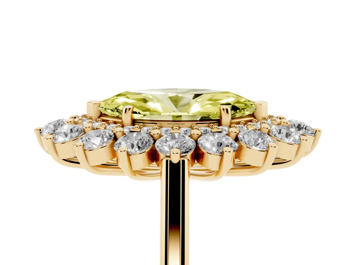 Fancy Yellow Marquise Cut Diamond Floral Double Halo Engagement Ring with Prong Setting Yellow gold