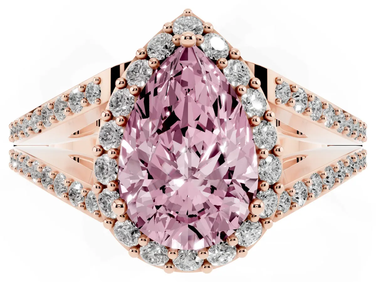 Fancy Pink Pear Cut Halo Split Shank Pave Diamond Ring with Four-Prong Setting Rose gold