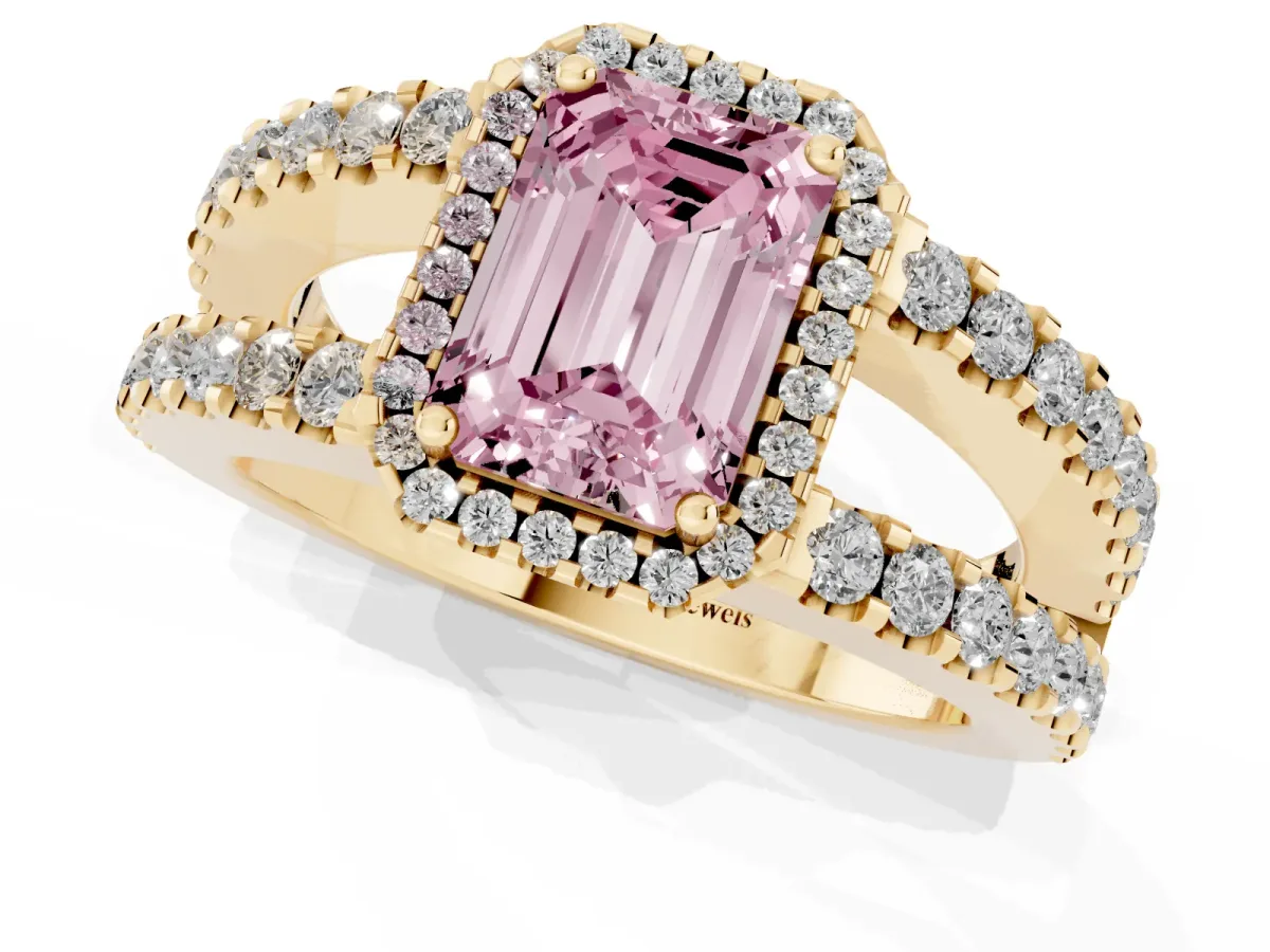 Fancy Pink Emerald Cut Cut Halo Split Shank Diamond Ring with Four-Prong Setting Yellow gold