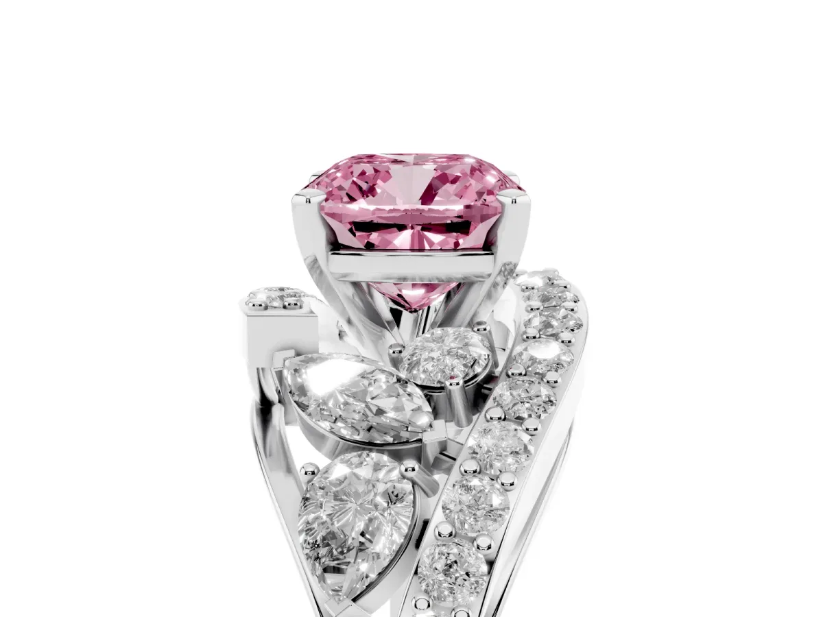 Fancy Pink Cushion Cut Diamond Halo Ring with Marquise and Pavé Band in Prong Setting Platinum