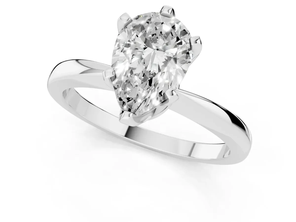 Pear Cut Solitaire Engagement Ring with Six-Prong Setting and Tapered Band Platinum