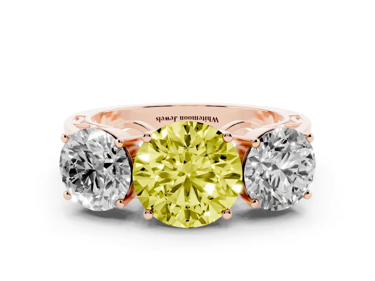 Fancy Yellow Round Cut Diamond Three-Stone Ring with Prong Setting and Textured Band Rose gold