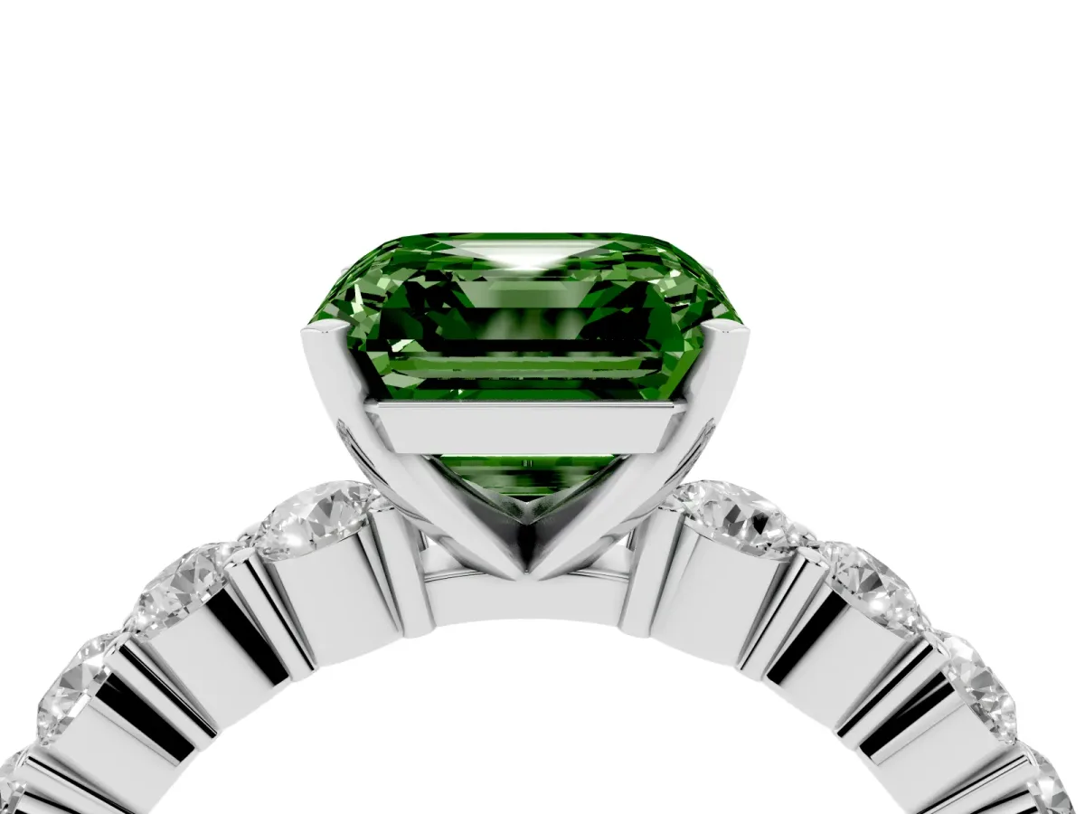 Fancy Green Asscher Cut Diamond Solitaire Ring with Shared Prong Round Side Stones Silver