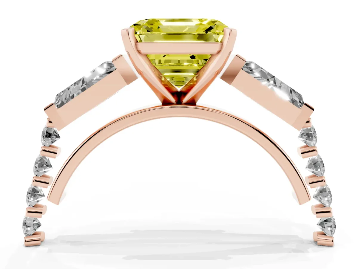 Fancy Yellow Asscher Cut Diamond Engagement Ring with Baguette Side Stones and Channel Set Band Rose gold