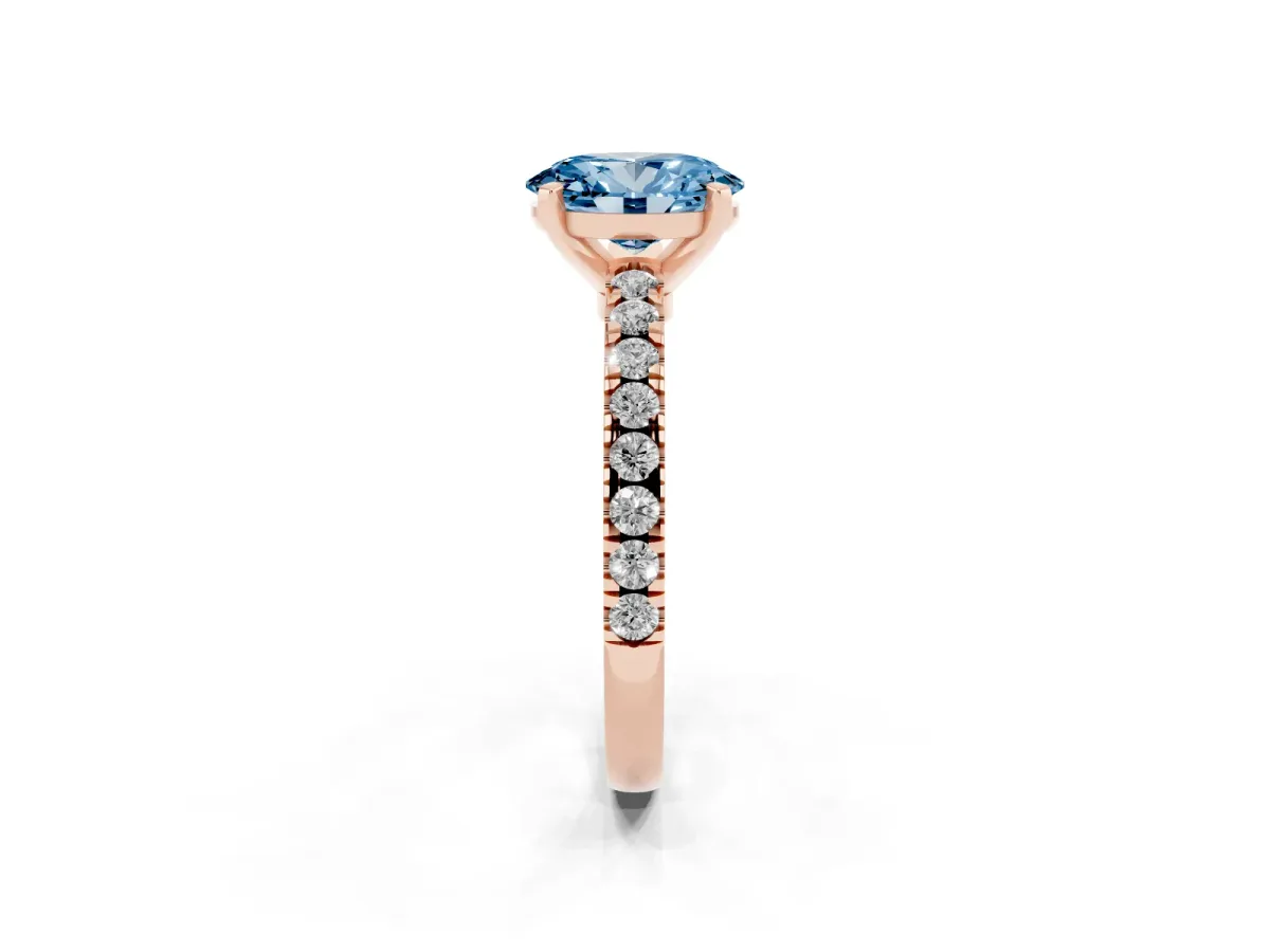 Fancy Blue Oval Cut Solitaire Diamond with Pavé Band and Four-Prong Setting Rose gold
