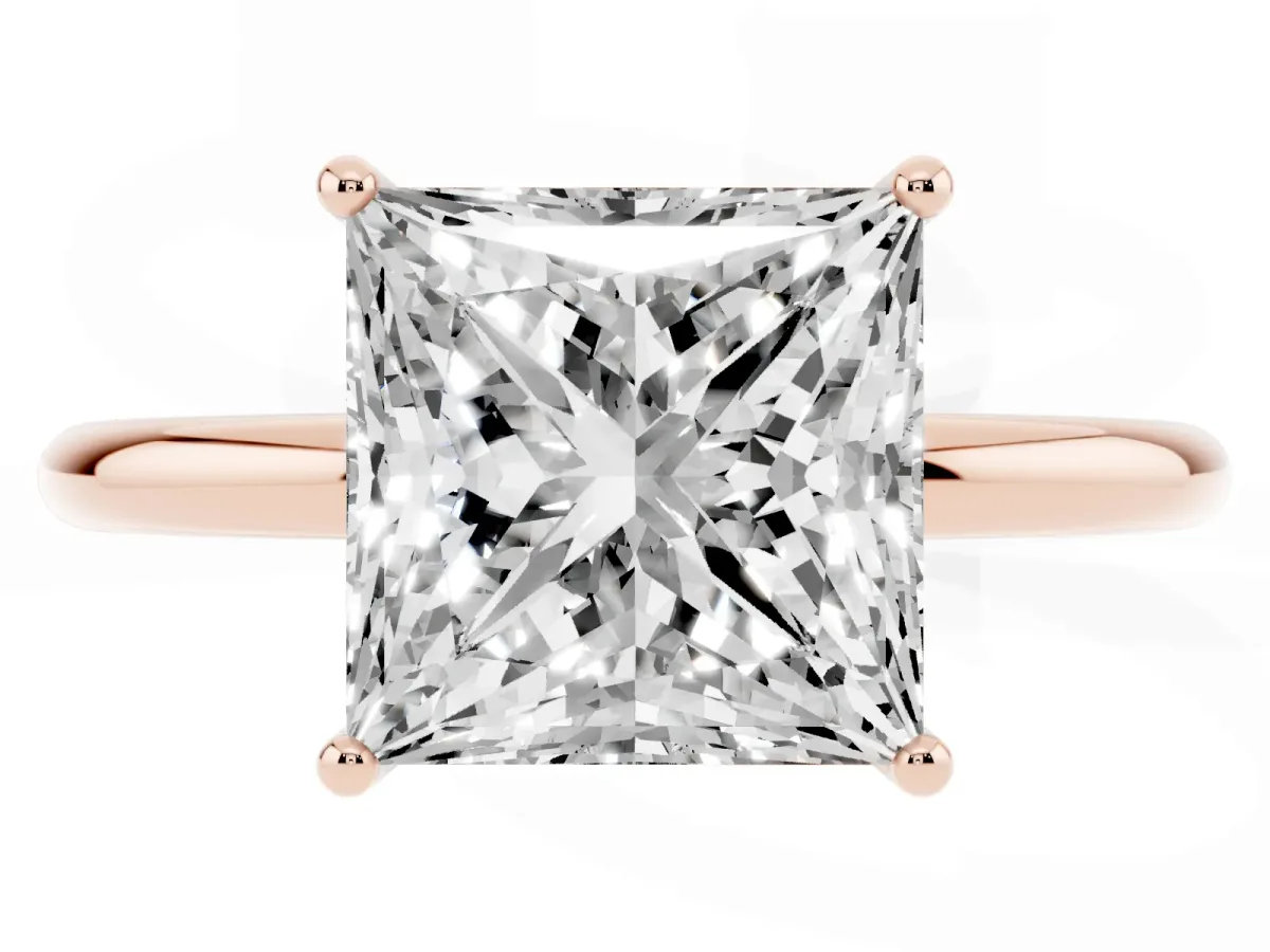 Princess Cut Solitaire Diamond Ring with a Classic Band and Four-Prong Setting Rose gold