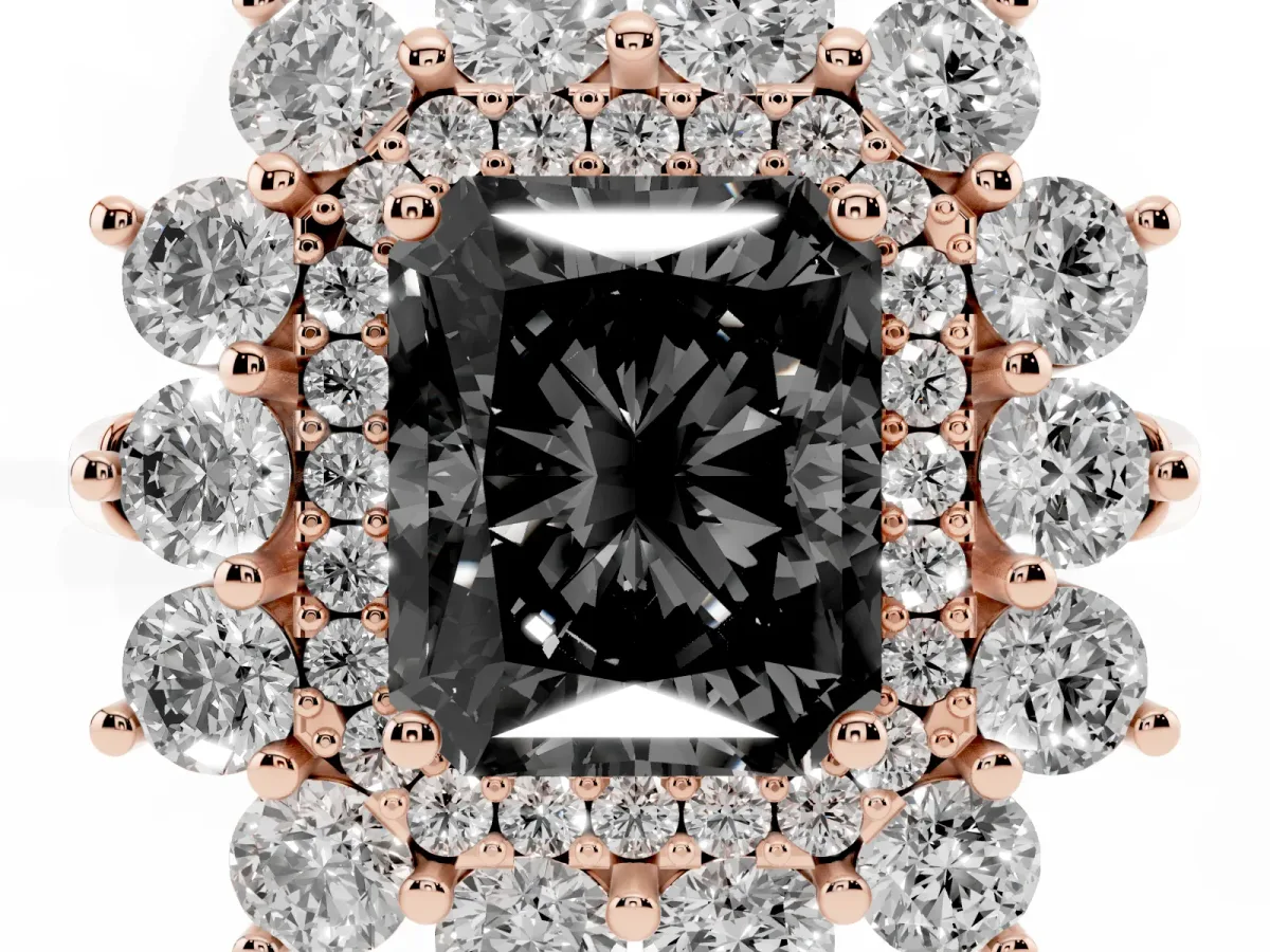Fancy Black Radiant Cut Diamond Floral Double Halo Engagement Ring with Prong Setting Rose gold