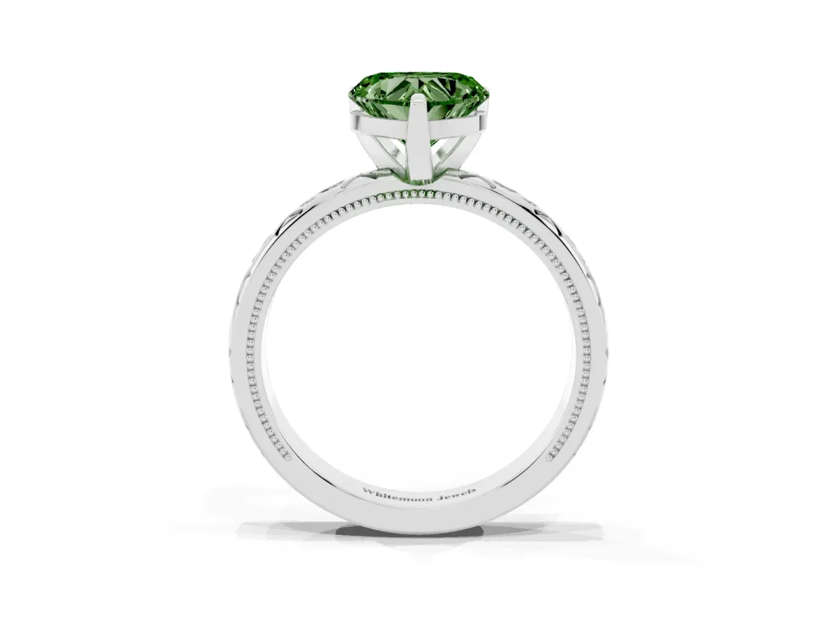 Fancy Green Heart Cut Solitaire Engagement Ring with Scrollwork Band and Four-Prong Setting Silver