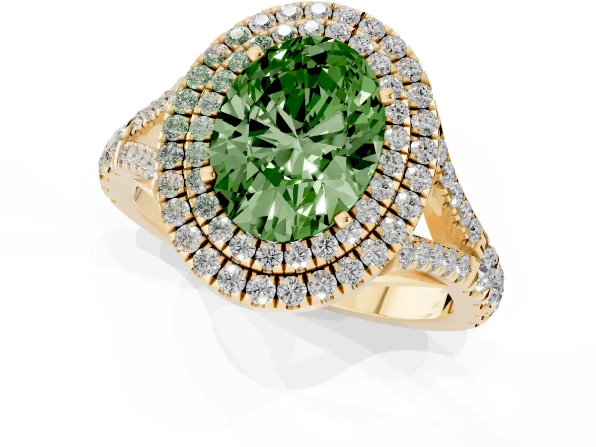 Fancy Green Oval Cut Cut Double Halo Split Shank Diamond Ring with Prong Setting Yellow gold