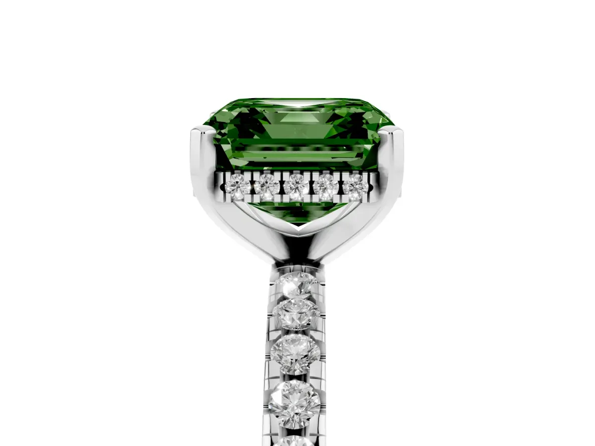 Fancy Green Asscher Cut Diamond Solitaire Ring with Round Pavé Band and Four-Prong Setting Silver