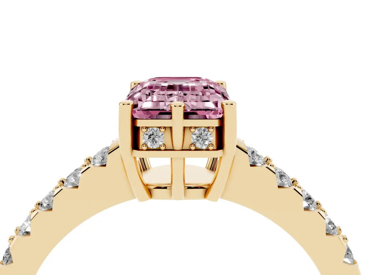 Fancy Pink Emerald Cut Solitaire Diamond Engagement Ring with Pavé Band and Six-Prong Setting Yellow gold