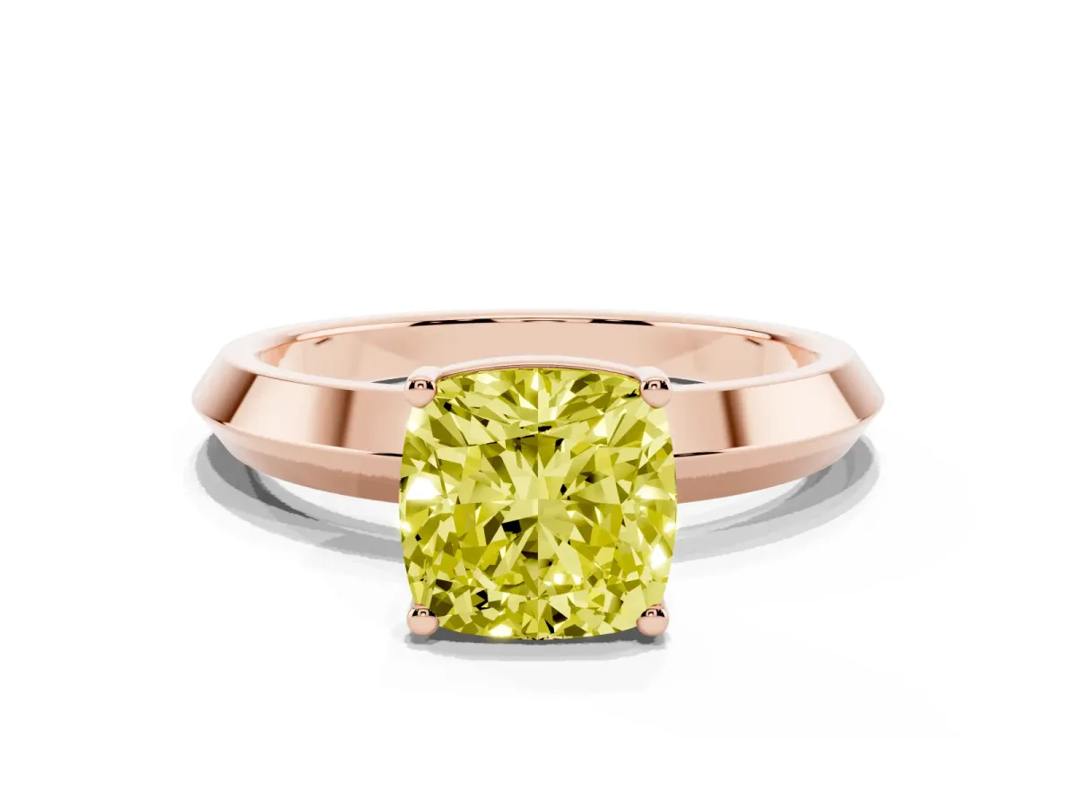 Fancy Yellow Cushion Cut Cut Solitaire Engagement Ring with Flat Band and Four-Prong Setting Rose gold