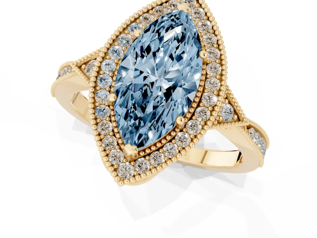 Fancy Blue Marquise Cut Halo Round Diamond Milgrain Pave Engagement Ring Yellow gold