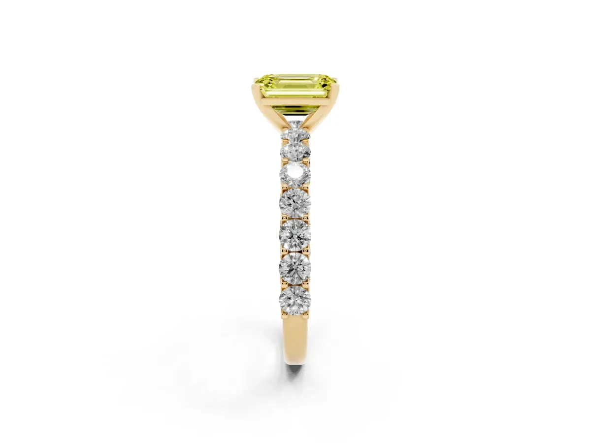 Fancy Yellow Emerald Cut Diamond Solitaire Ring with Shared Prong Pavé Band and Four-Prong Setting Yellow gold