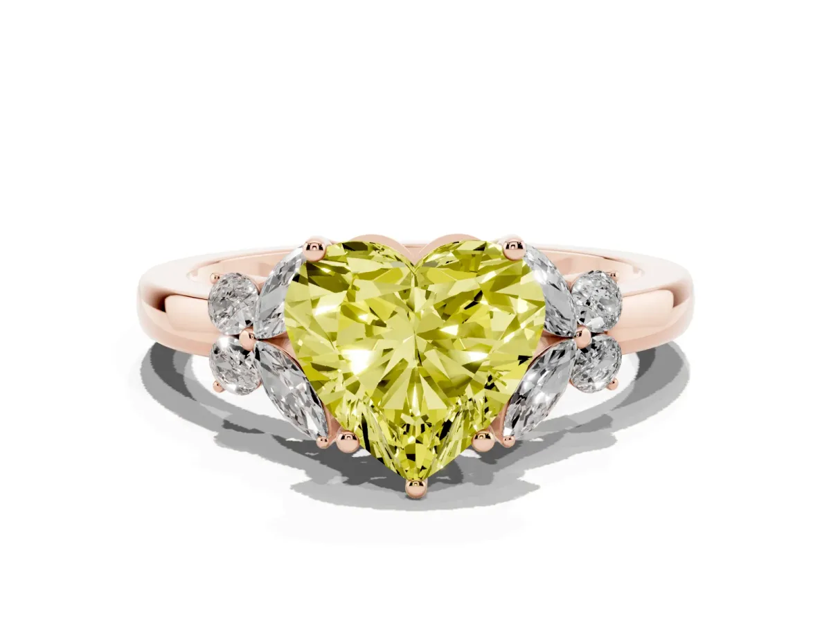 Fancy Yellow Heart Cut Cut Solitaire Floral Diamond Ring with Four-Prong Setting Rose gold