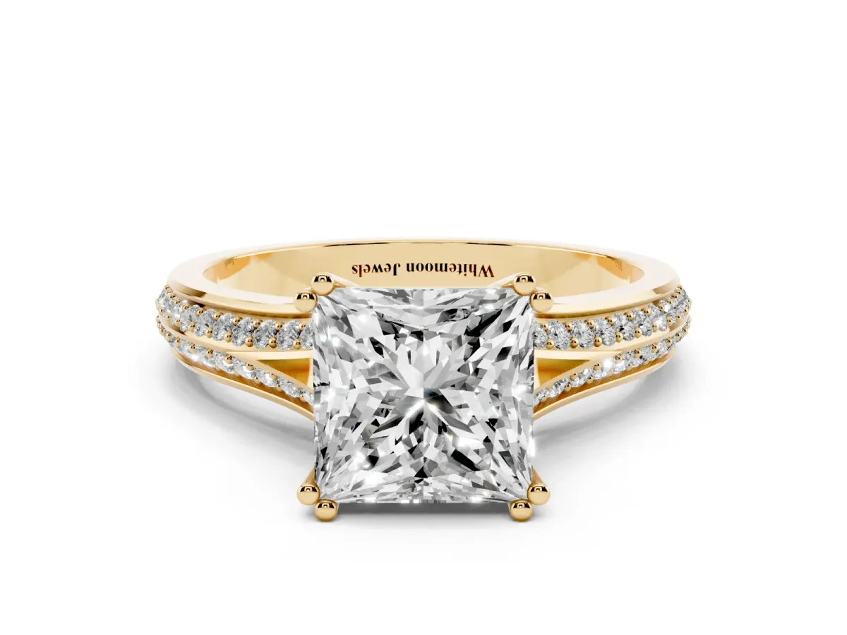 Princess Cut Diamond Split Shank Engagement Ring with Pavé Band Yellow gold