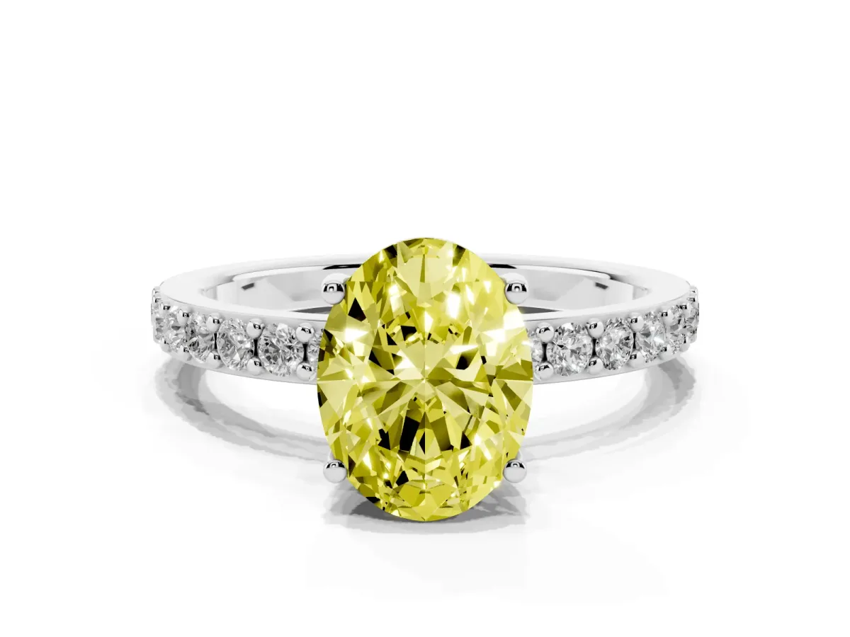 Fancy Yellow Oval Cut Cut Diamond Solitaire with Pave Band and Four-Prong Setting Silver