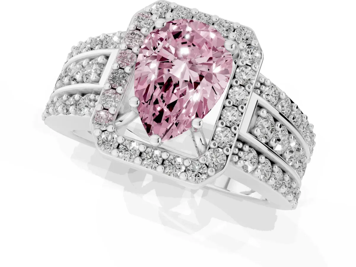 Fancy Pink Pear Cut Halo Diamond Ring with Round Split Shank and Prong Setting Platinum