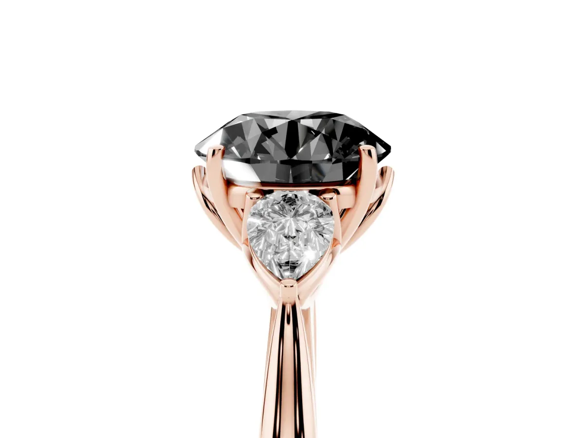 Fancy Black Round Cut Diamond Three-Stone Ring with Pear Side Stones and Prong Setting Rose gold
